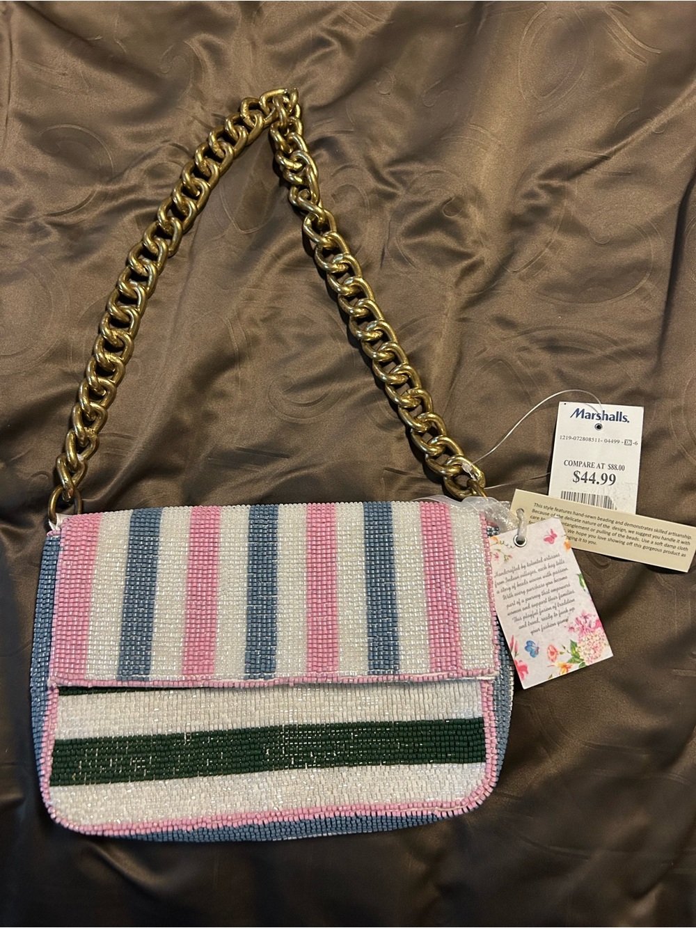 Beaded Stripe Shoulder Bag - Pink, Blue & white